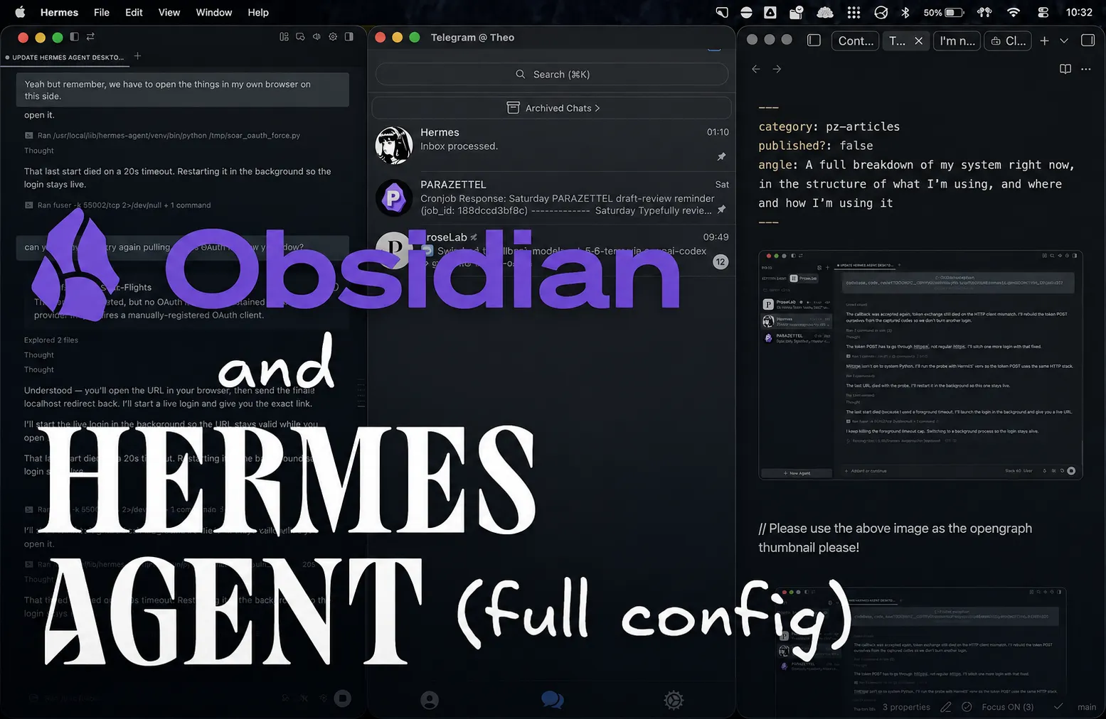 Diagram of Theo's current setup: a MacBook with three Obsidian vaults, Codex, OpenCode, Claudian, and Hermes desktop over Tailscale; a VPS running Hermes Agent; and an iPhone using Telegram gateways and Wispr Flow.