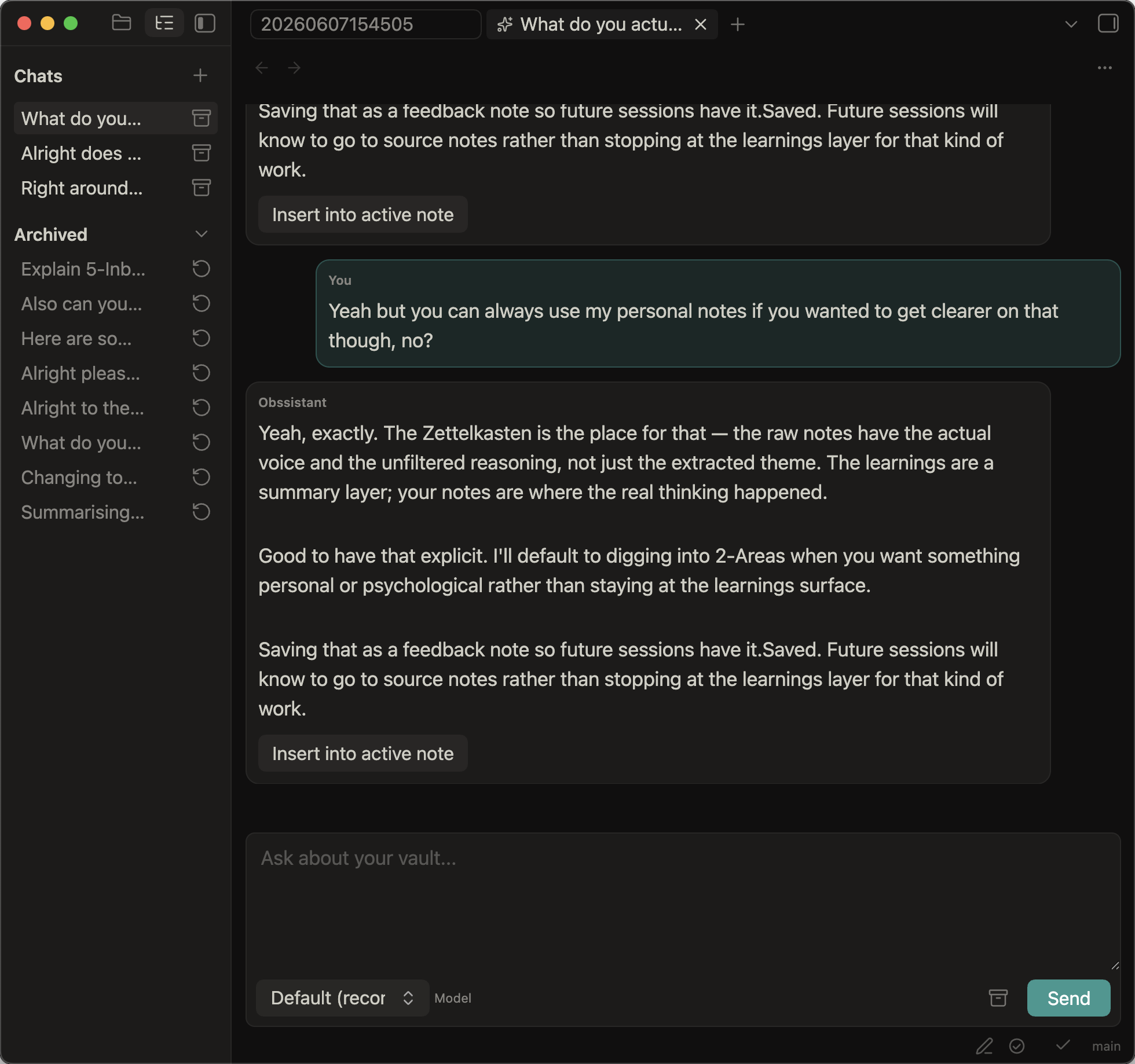 Early Obssistant chat interface inside Obsidian, with a sidebar of conversations and an active vault-aware chat