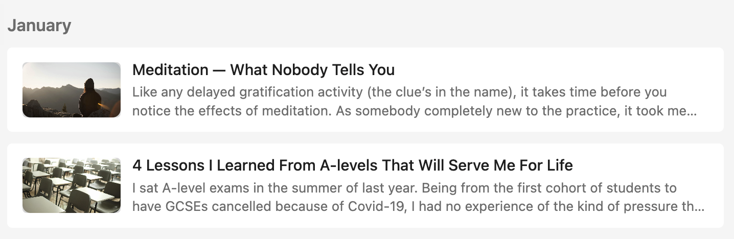 Screenshot of an archive page showing Theo&rsquo;s early articles about meditation and A-level lessons