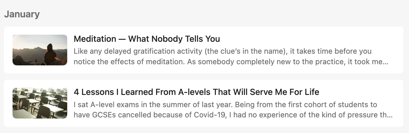 Screenshot of an archive page showing Theo&rsquo;s early articles about meditation and A-level lessons