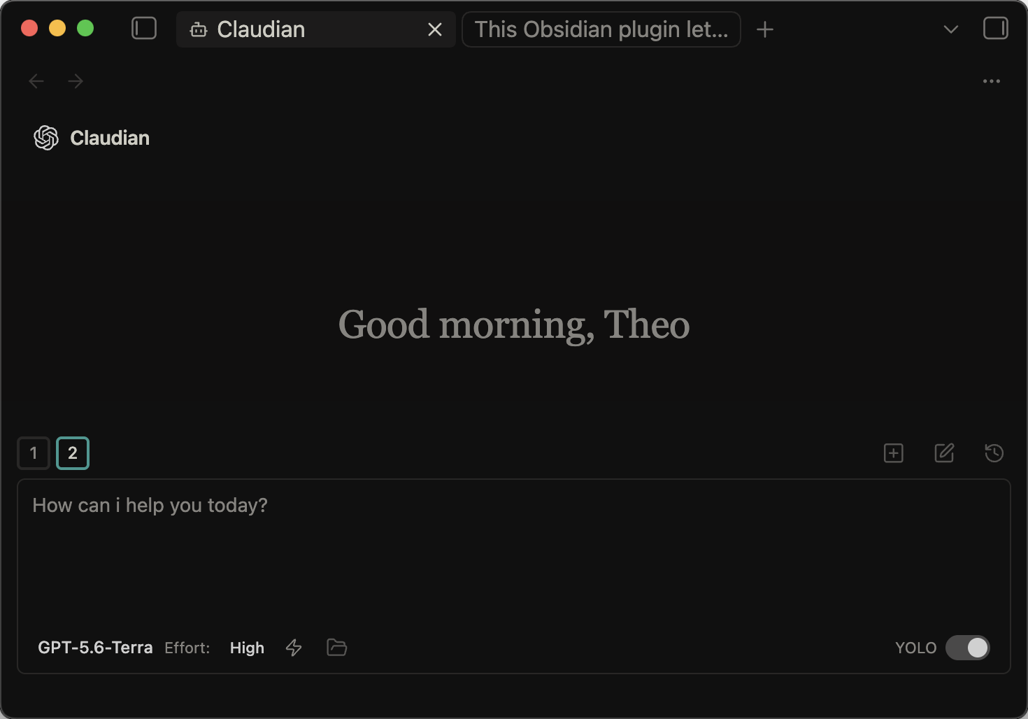 Claudian’s main Obsidian workspace, showing a new chat with the GPT-5.6-Terra model selected