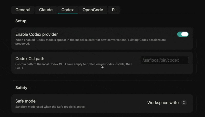 Claudian settings with the Codex provider enabled, a local Codex CLI path, and workspace-write safe mode