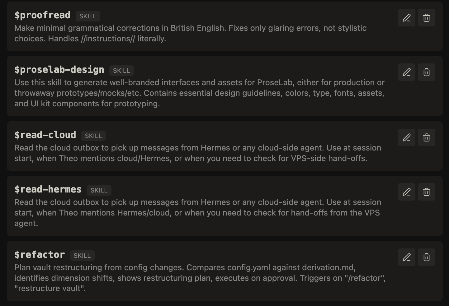 Claudian’s skill list in Obsidian, including the proofread skill for minimal grammatical corrections