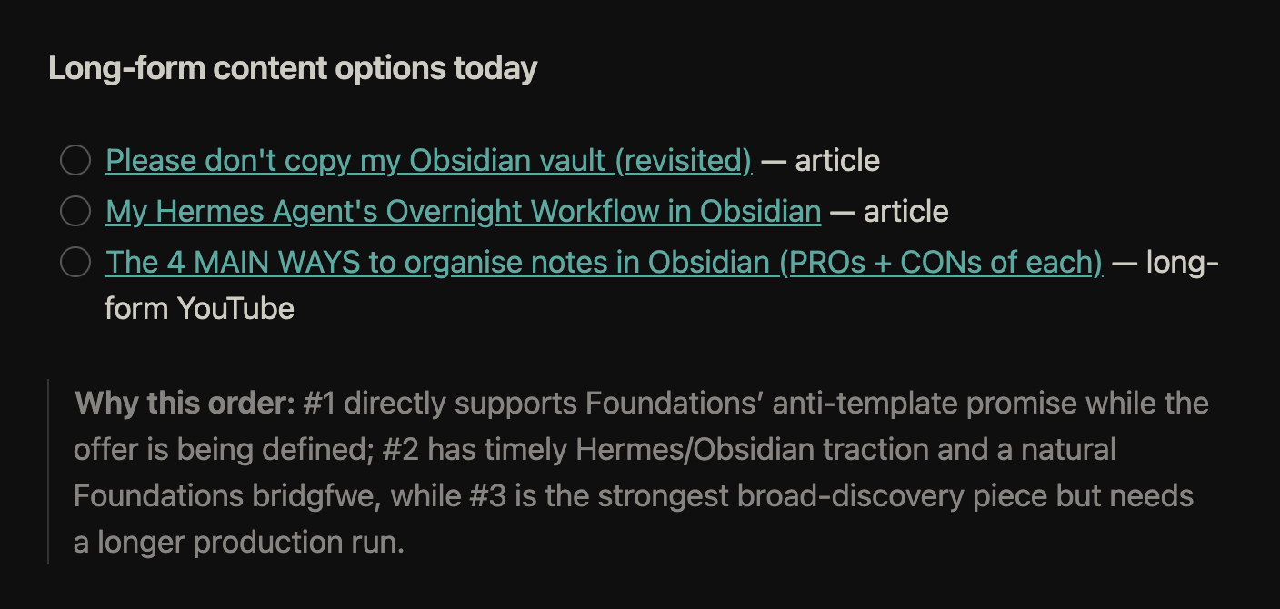 Obsidian showing a list of long-form content options for the day