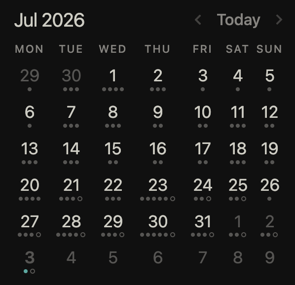 Obsidian Calendar plugin showing July 2026 and the number of notes recorded on each day