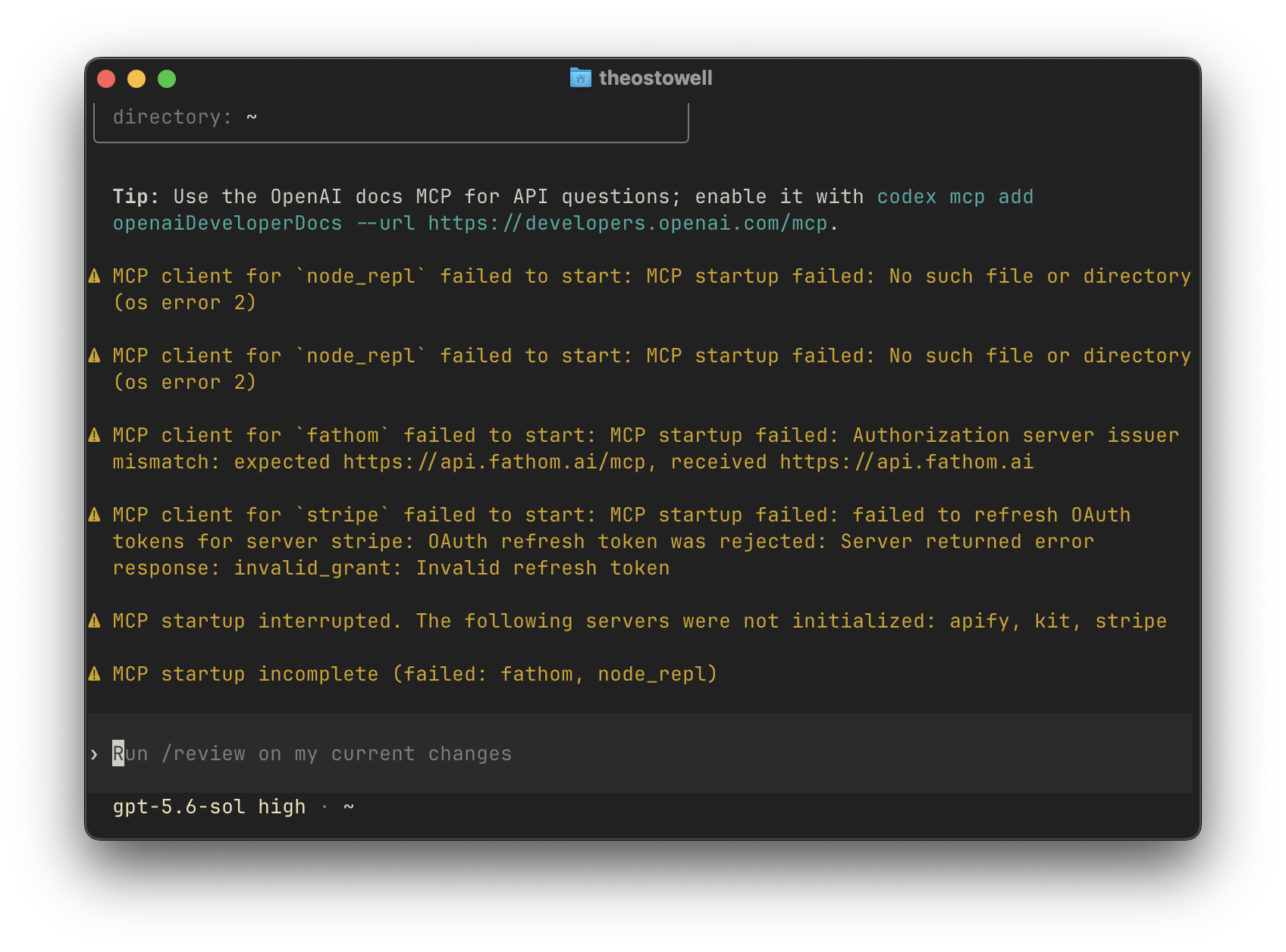 Codex terminal showing MCP setup errors
