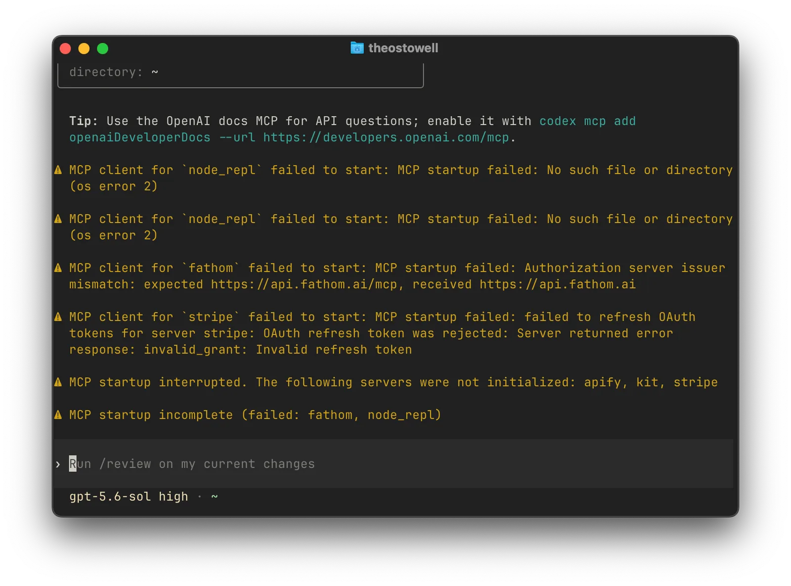 Codex terminal showing MCP setup errors