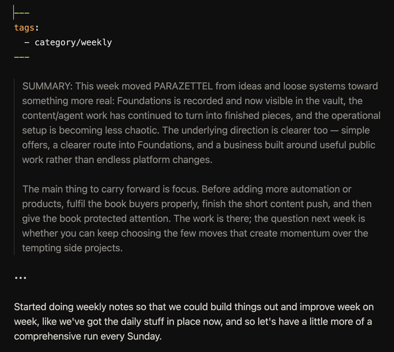 Obsidian weekly note with a weekly review