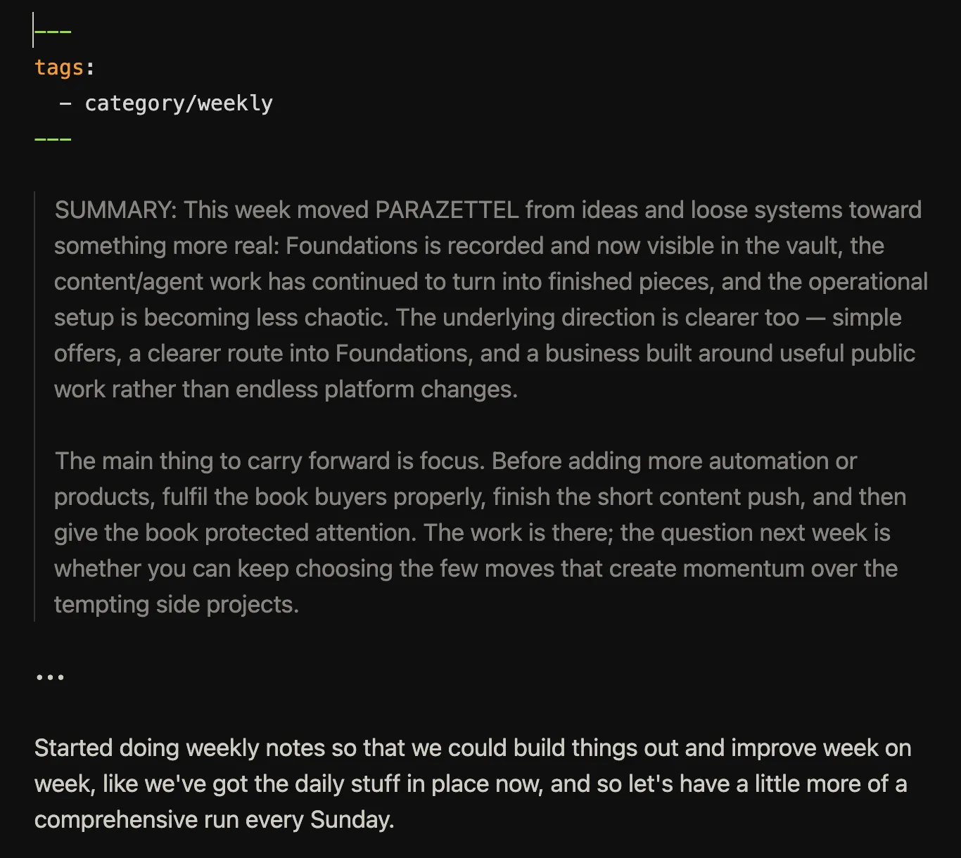 Obsidian weekly note with a weekly review