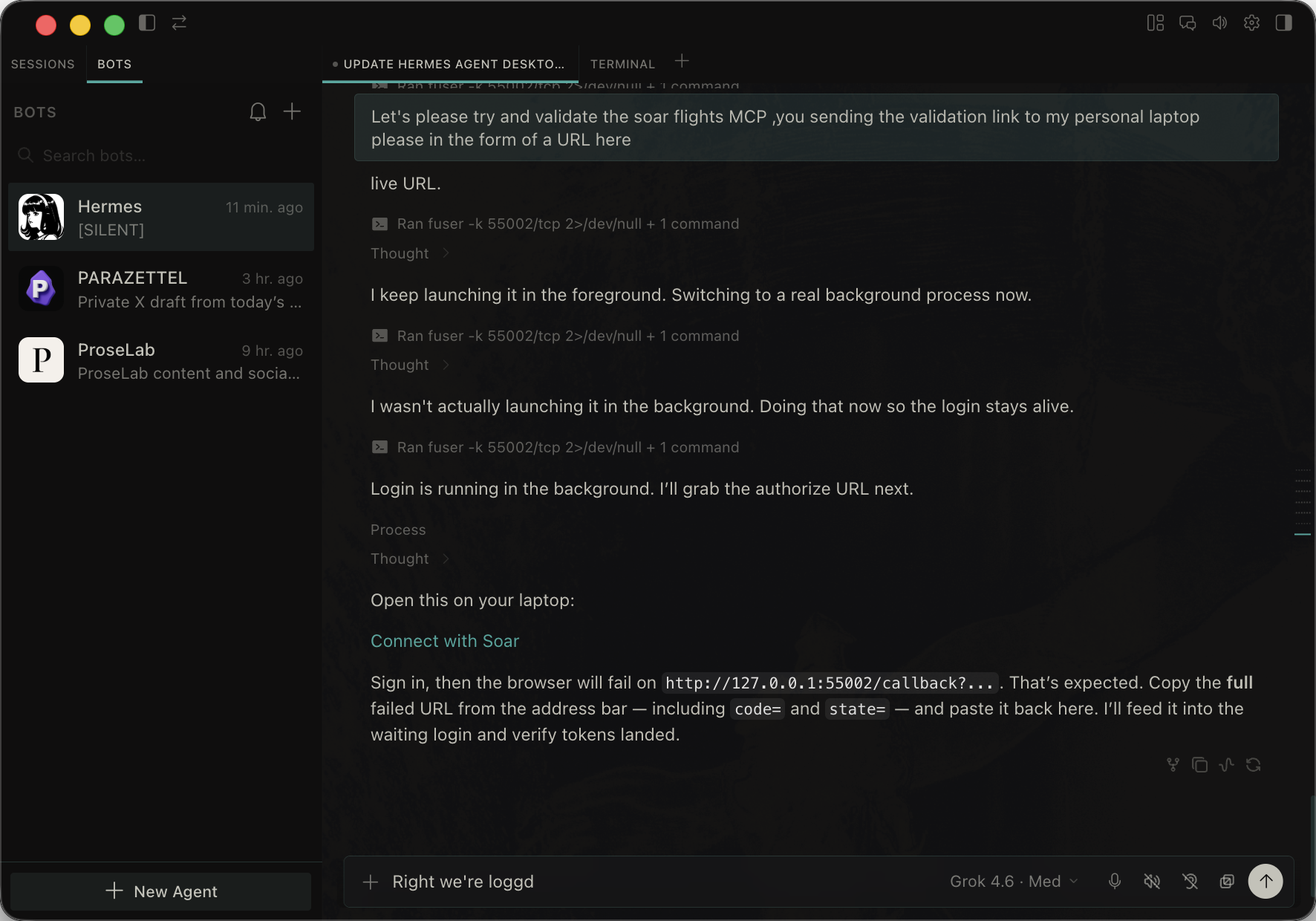 Hermes desktop app showing sessions, cron jobs, and a chat about Obsidian plugins