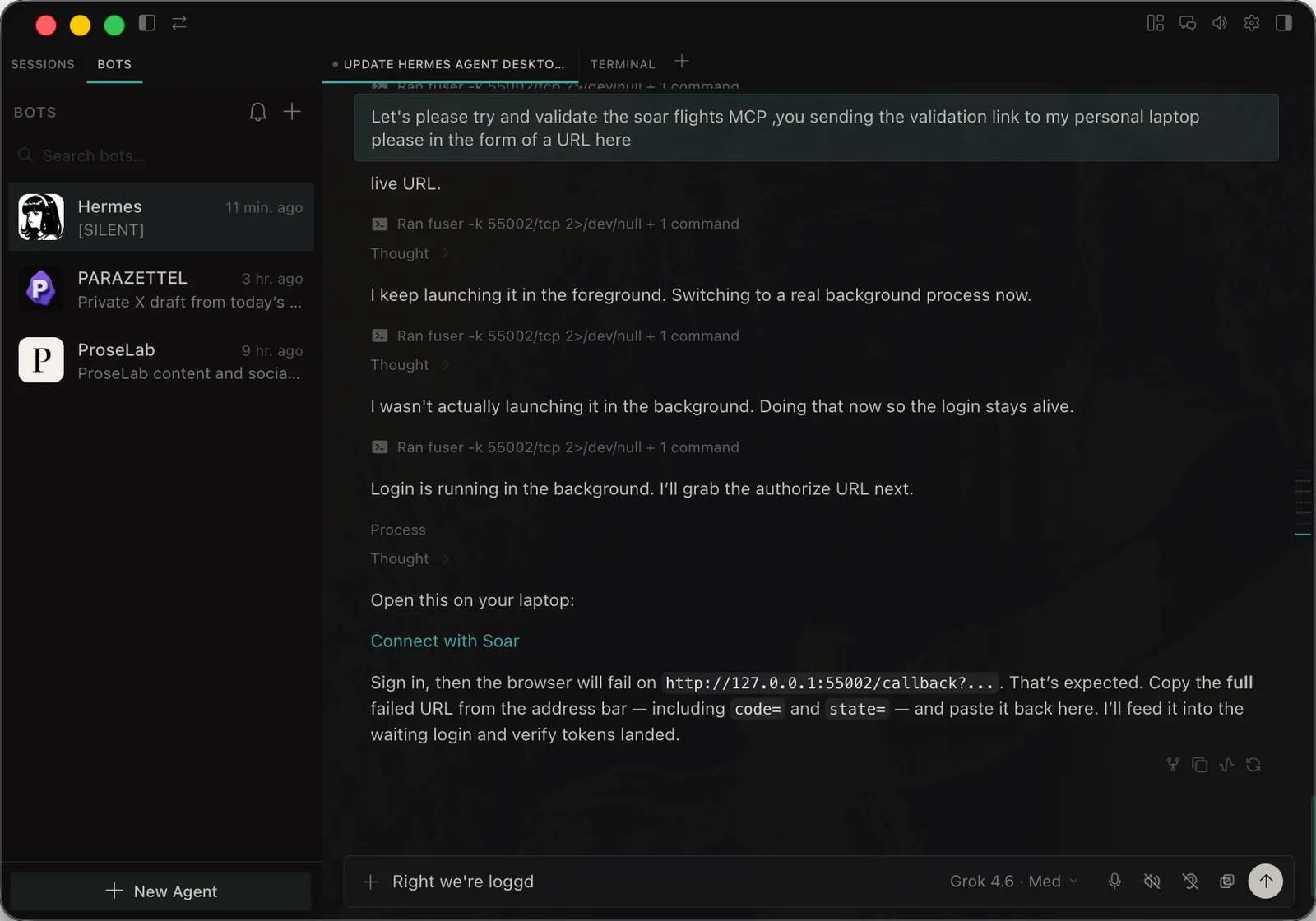 Hermes desktop app showing sessions, cron jobs, and a chat about Obsidian plugins