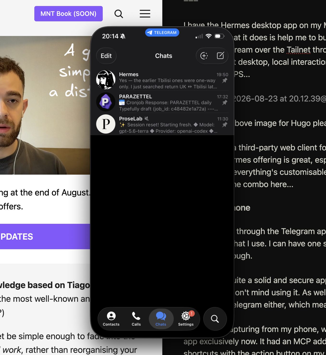 Telegram chat with a Hermes gateway about GitHub pull requests and article publishing