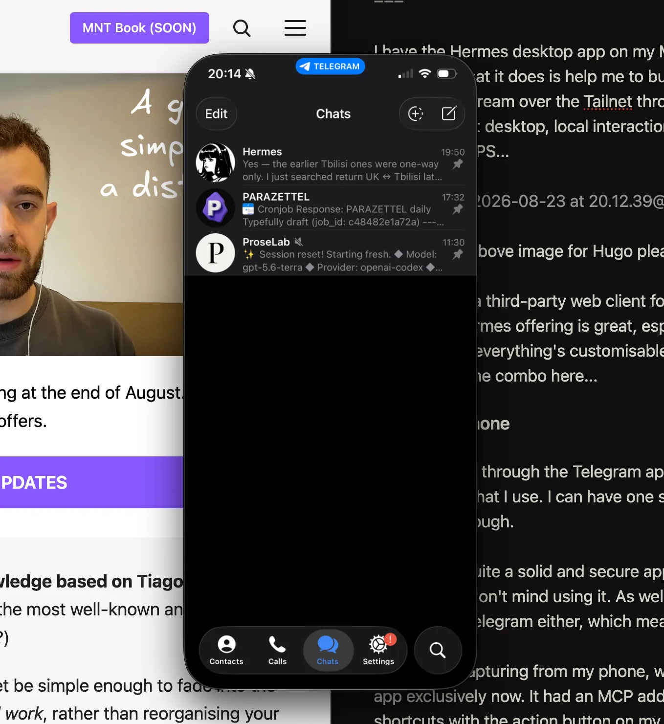 Telegram chat with a Hermes gateway about GitHub pull requests and article publishing