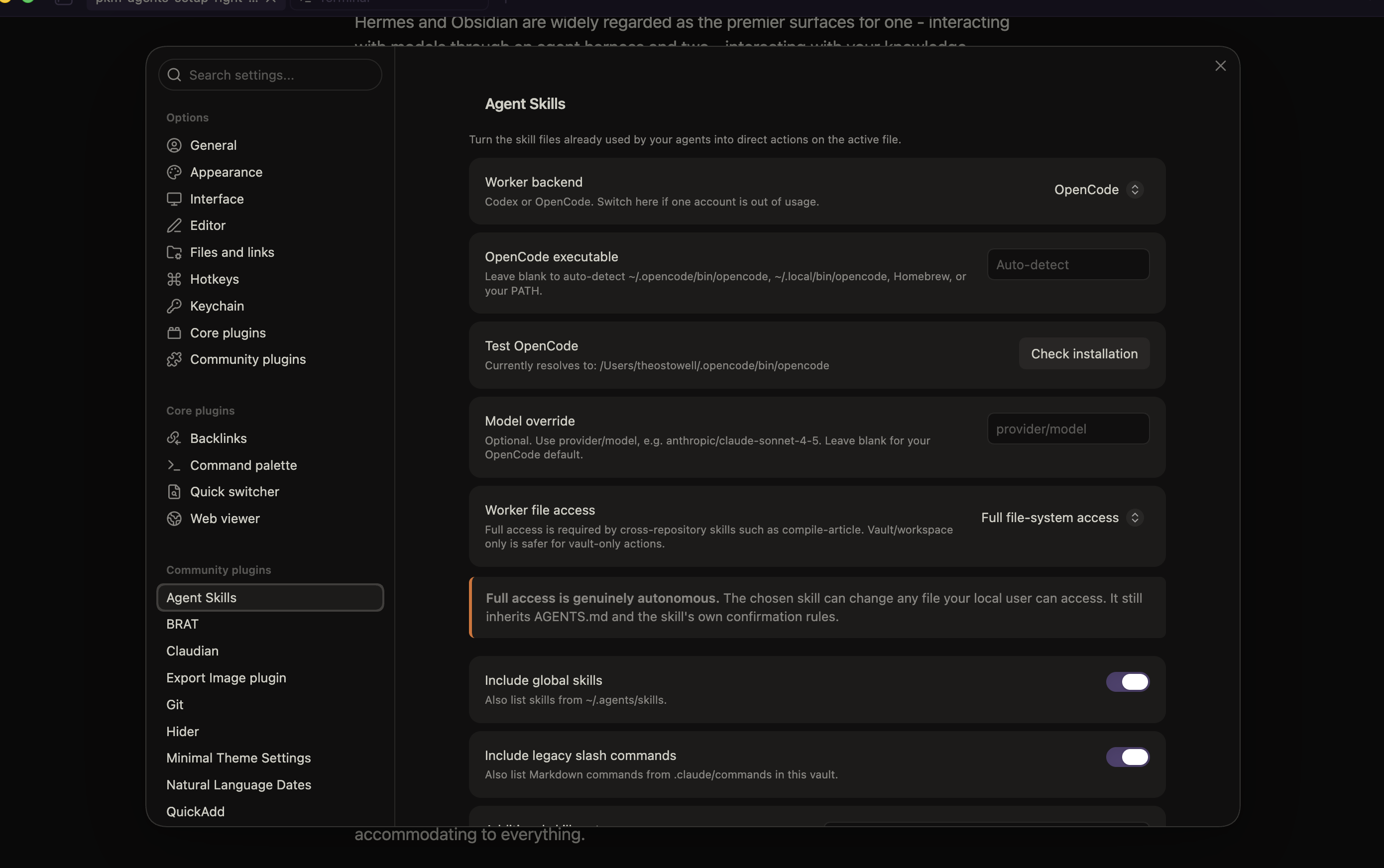 Obsidian Claudian plugin showing a skills command palette for applying agent skills to files
