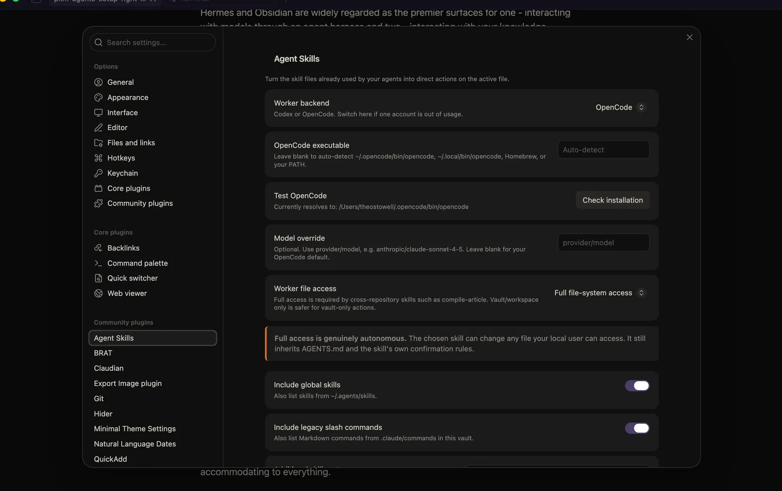 Obsidian Claudian plugin showing a skills command palette for applying agent skills to files