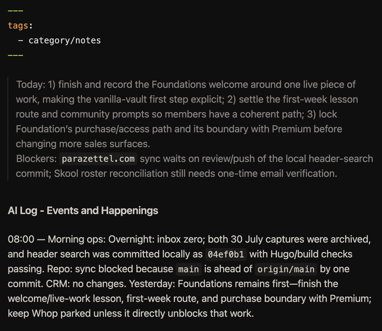 Obsidian showing Theo’s daily note with a morning briefing, priorities, blockers, and a log of overnight events
