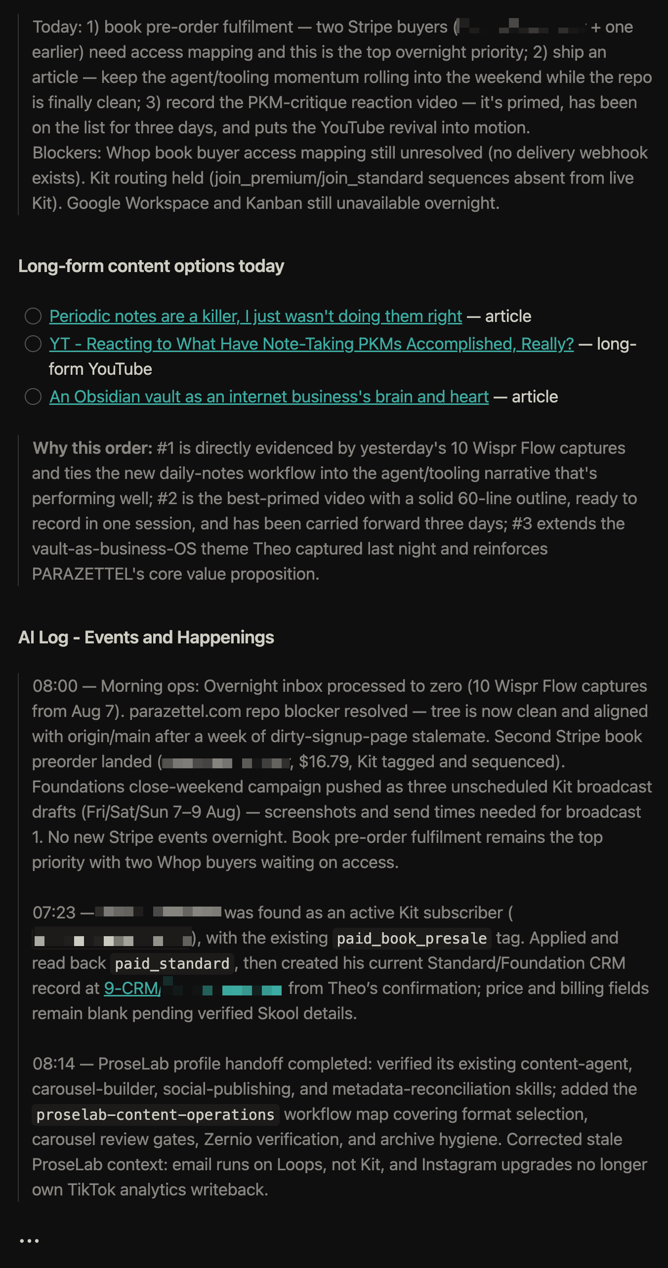 Obsidian daily note with Hermes&rsquo;s morning brief, content options, and AI log