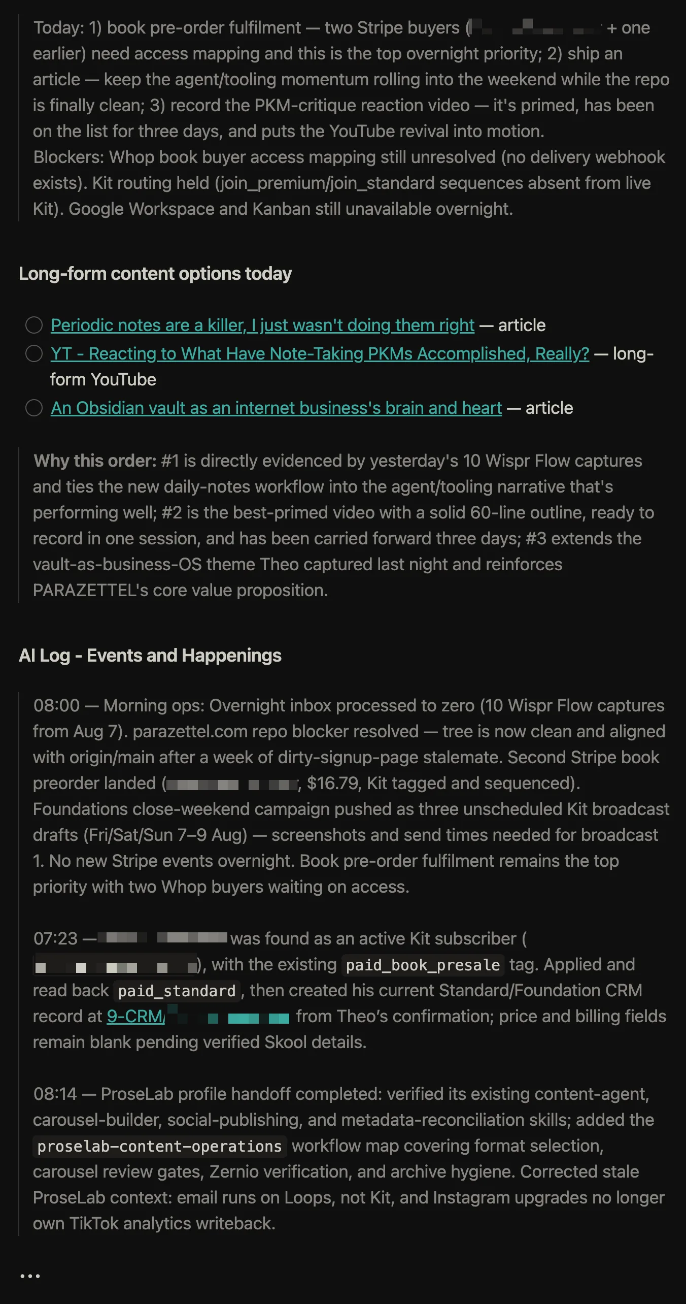 Obsidian daily note with Hermes’s morning brief, content options, and AI log