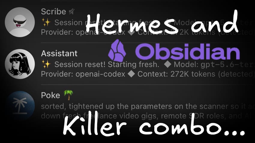 A Telegram chat with Hermes Agent and the Obsidian logo, captioned ‘Hermes and Obsidian are replacing apps’