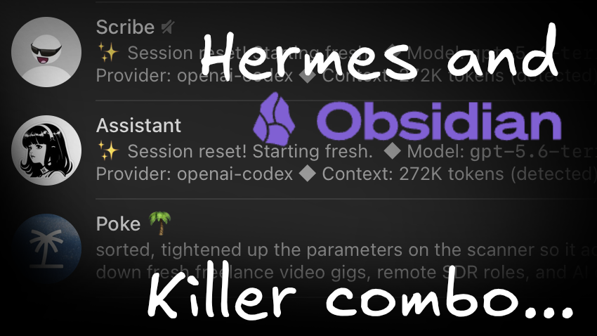A Telegram chat with Hermes Agent and the Obsidian logo, captioned ‘Hermes and Obsidian are replacing apps’