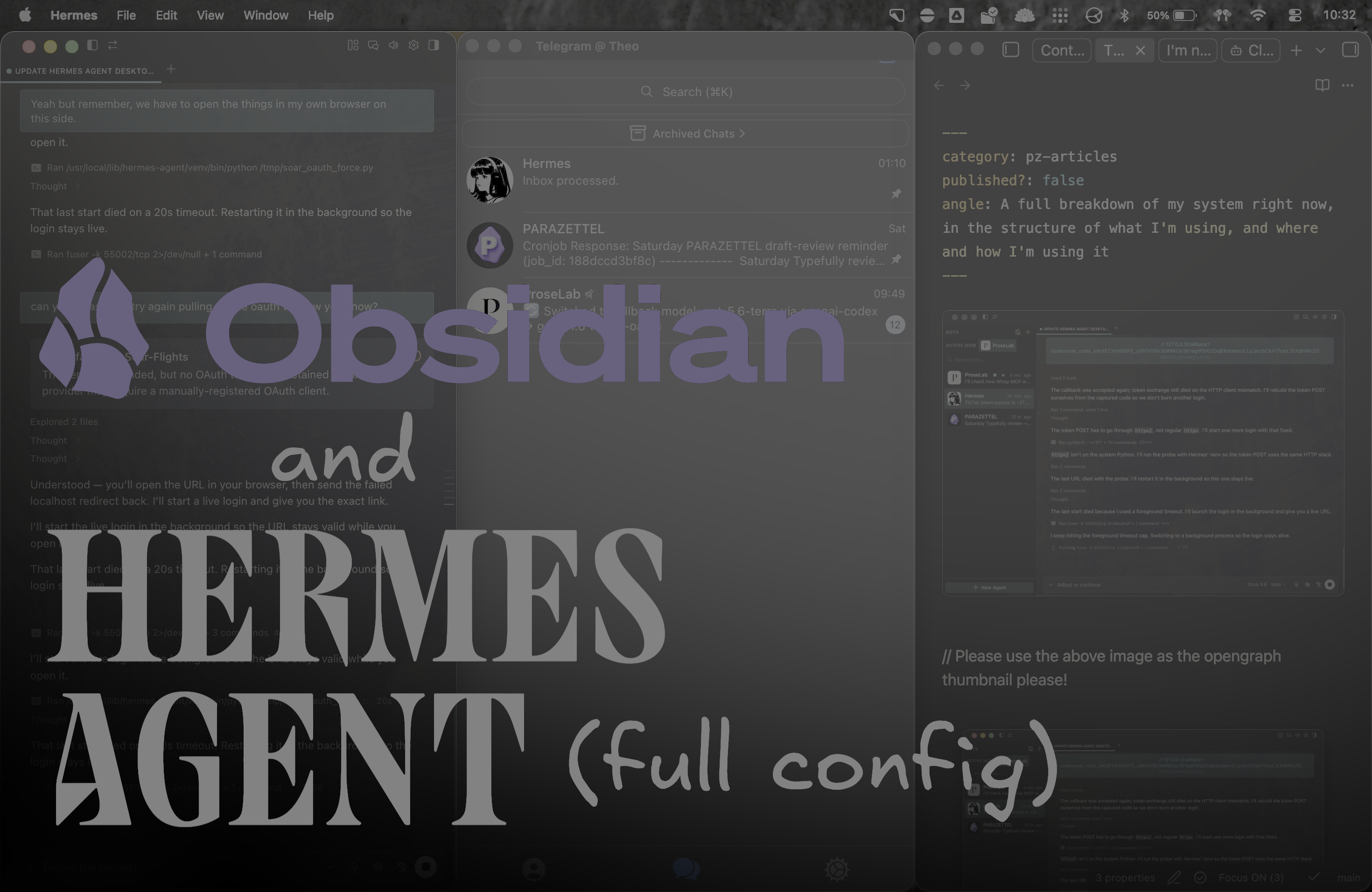 Diagram of Theo's current setup: a MacBook with three Obsidian vaults, Codex, OpenCode, Claudian, and Hermes desktop over Tailscale; a VPS running Hermes Agent; and an iPhone using Telegram gateways and Wispr Flow.