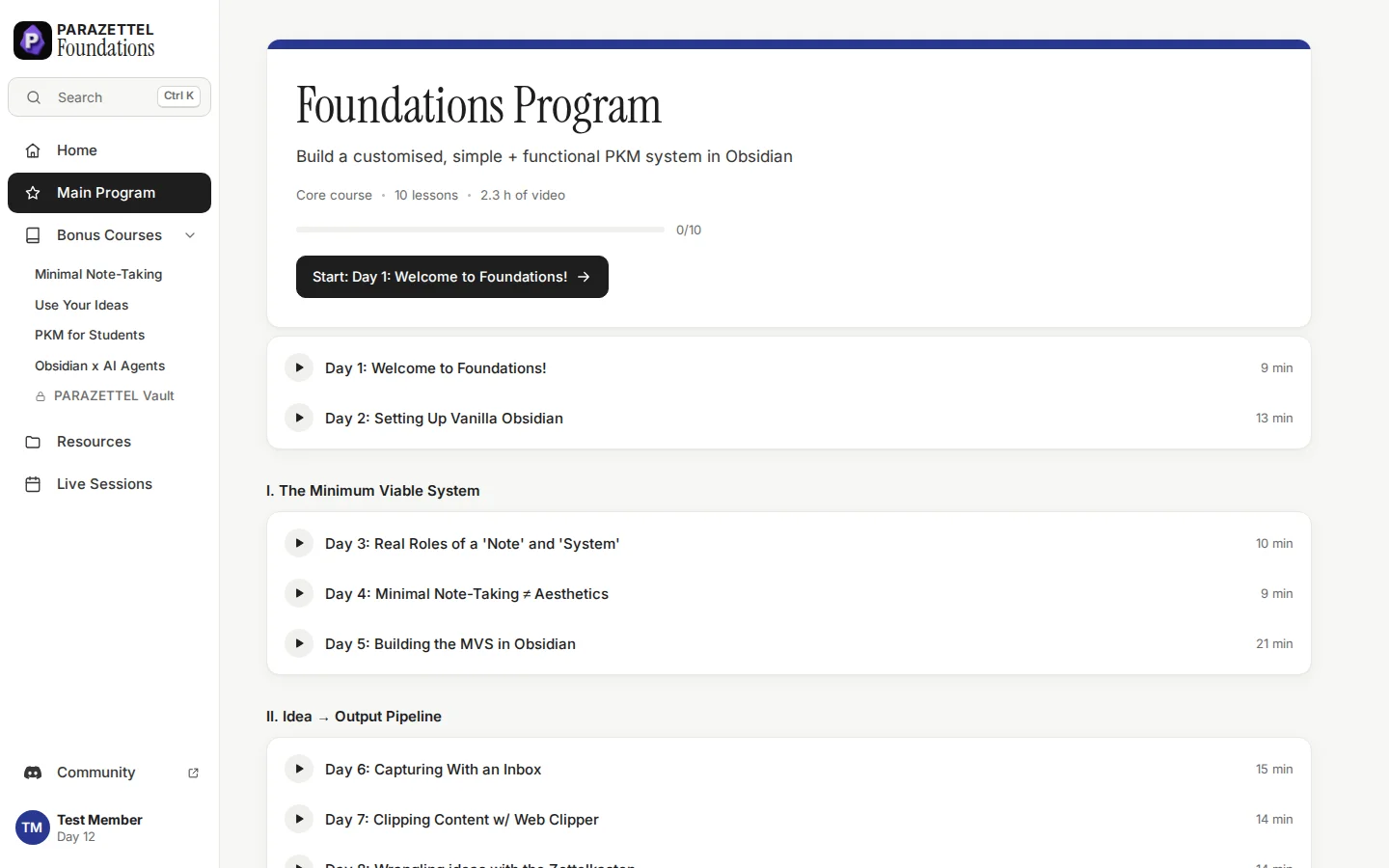 The Foundations Program page on the PARAZETTEL Platform, listing the ten daily lessons and their running times