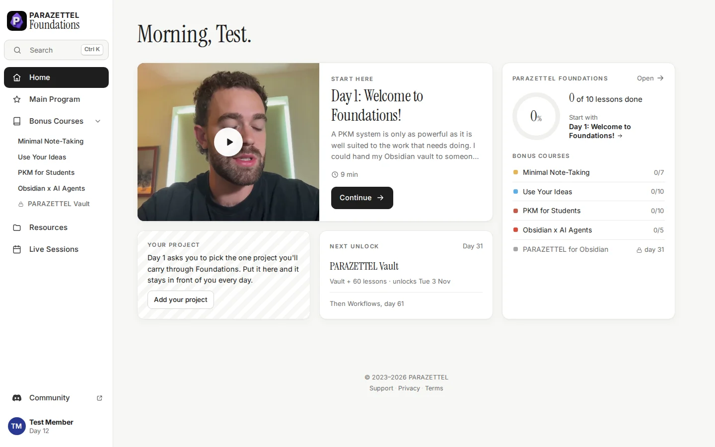The PARAZETTEL Platform home dashboard, with a &lsquo;Start here&rsquo; card for Day 1 of Foundations, lesson progress, and the bonus courses