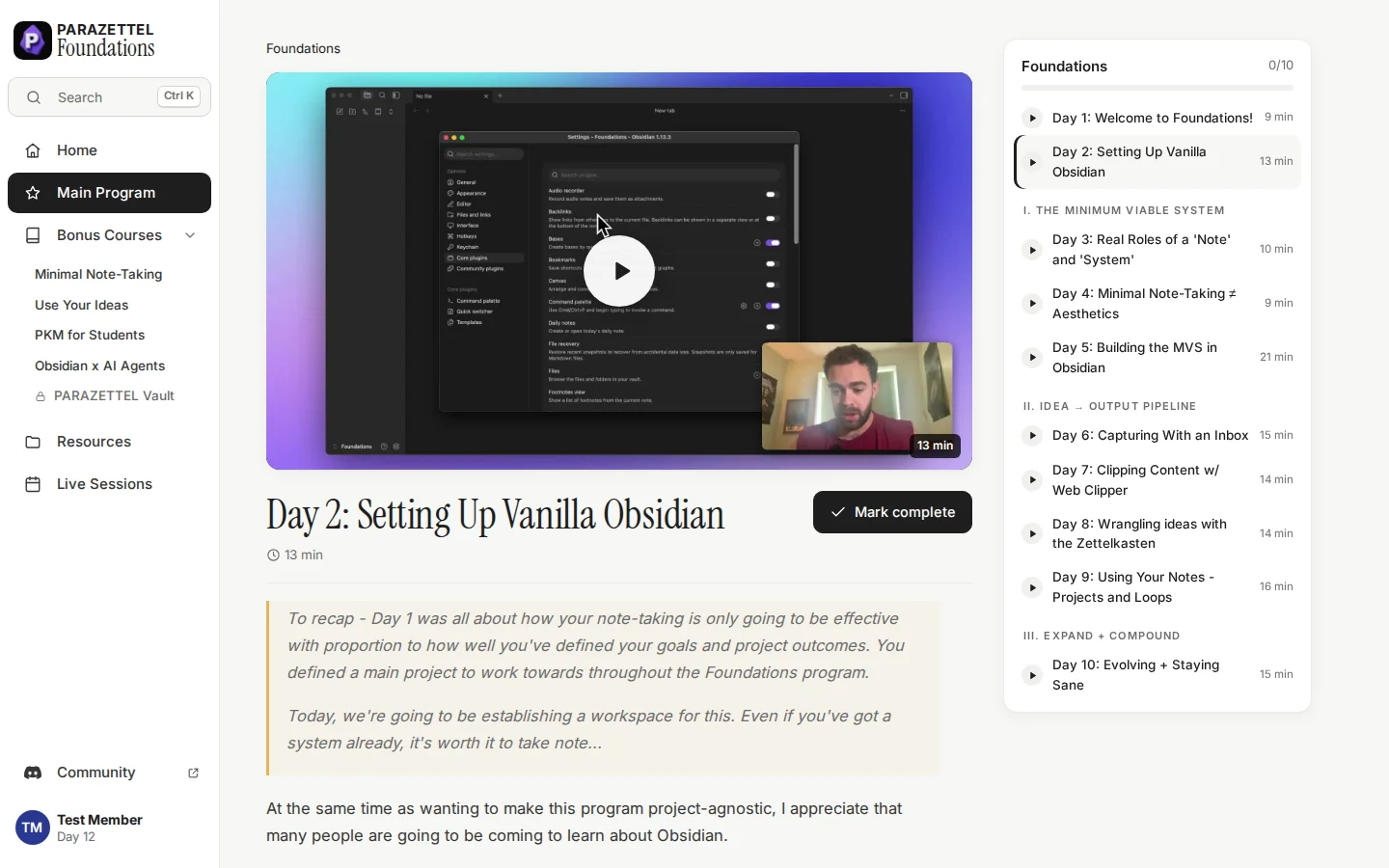 A Foundations lesson on the PARAZETTEL Platform: &lsquo;Day 2: Setting Up Vanilla Obsidian&rsquo; with its video, notes, and the lesson list alongside